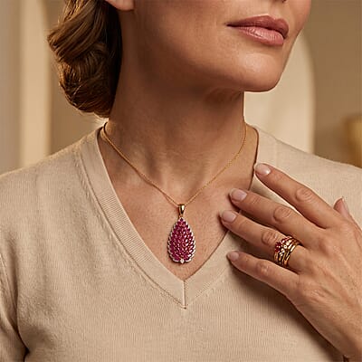 D'Joy Premium Niassa Ruby (FF) and Moissanite 4.65 ctw Flame Petal Pendant Necklace (20 Inches) in 18K Vermeil Yellow Gold Over Sterling Silver