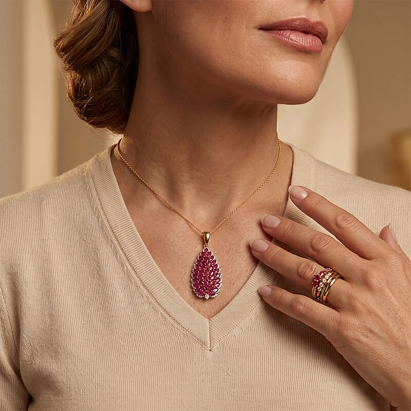 D'Joy Premium Niassa Ruby (FF) and Moissanite 4.65 ctw Flame Petal Pendant Necklace (20 Inches) in 18K Vermeil Yellow Gold Over Sterling Silver