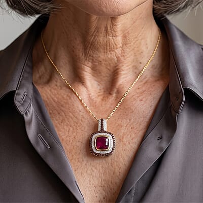 D'Joy Premium Niassa Ruby (FF), Champagne and White Zircon 5.50 ctw Passion Royale Pendant Necklace (20 Inches) in 18K Vermeil Yellow Gold Over Sterling Silver