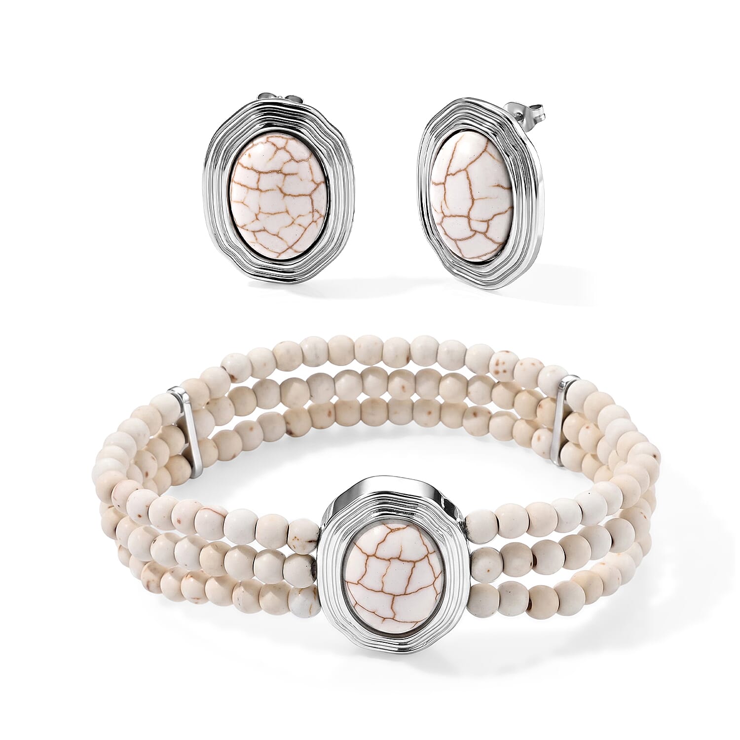 White Howlite 56.00 ctw 3 Row Bracelet (7.25-8.25In) and Earrings in Silvertone with Stainless Steel