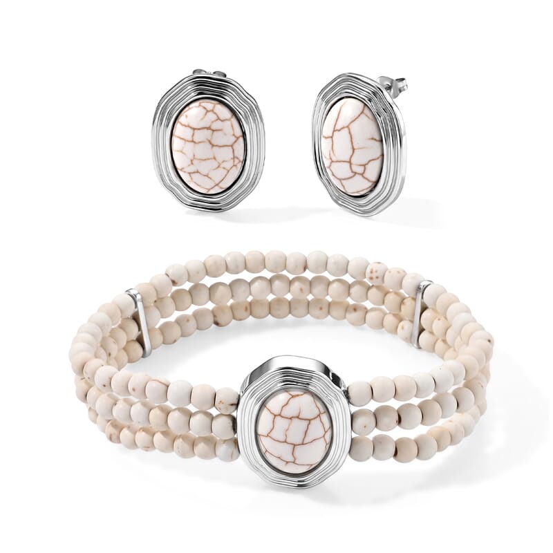 White Howlite 56.00 ctw 3 Row Bracelet (7.25-8.25In) and Earrings in Silvertone with Stainless Steel