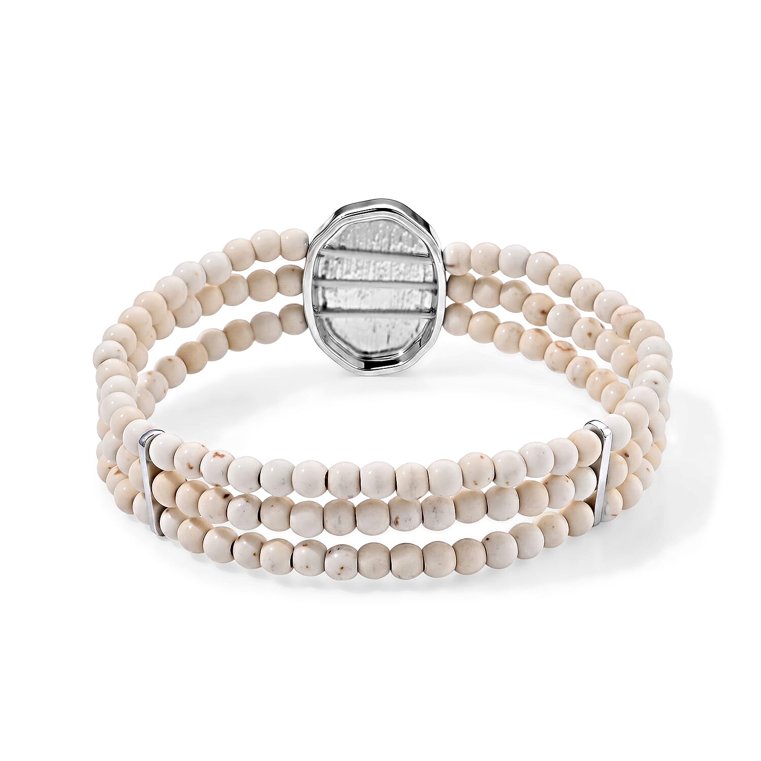 White Howlite 56.00 ctw 3 Row Bracelet (7.25-8.25In) and Earrings in Silvertone with Stainless Steel