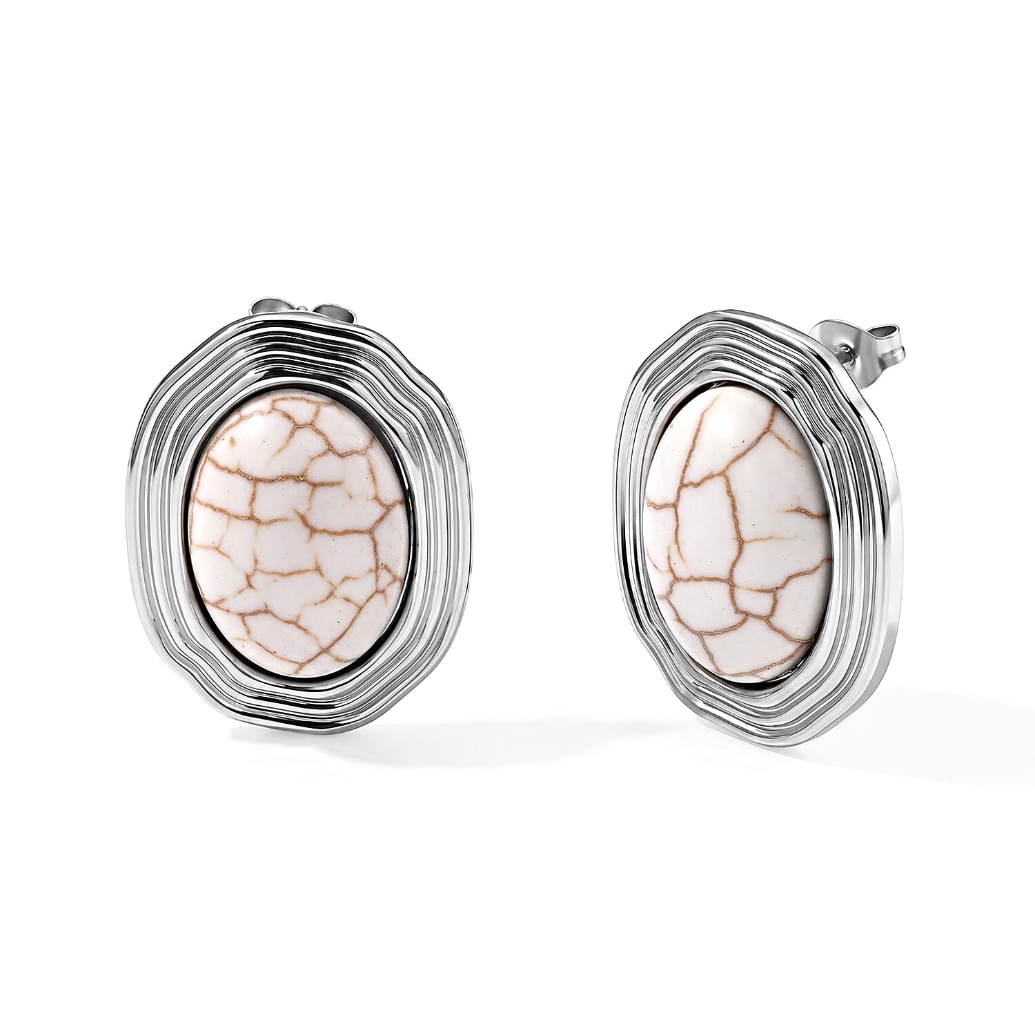 White Howlite 56.00 ctw 3 Row Bracelet (7.25-8.25In) and Earrings in Silvertone with Stainless Steel