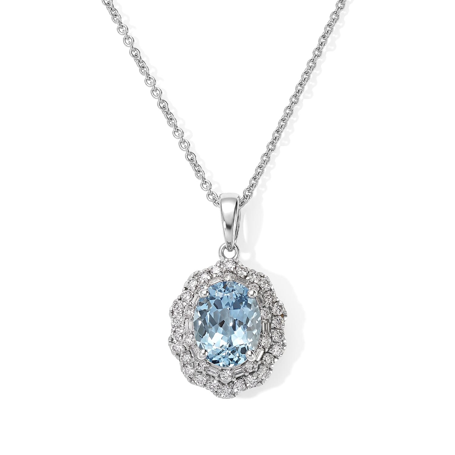 Certified & Appraised Luxoro AAA Santa Maria Aquamarine and Diamond I2 2.30 ctw Pendant Necklace in 10K White Gold 18 Inches