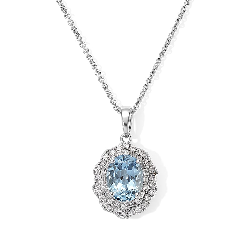 Certified & Appraised Luxoro AAA Santa Maria Aquamarine and Diamond I2 2.30 ctw Pendant Necklace in 10K White Gold 18 Inches