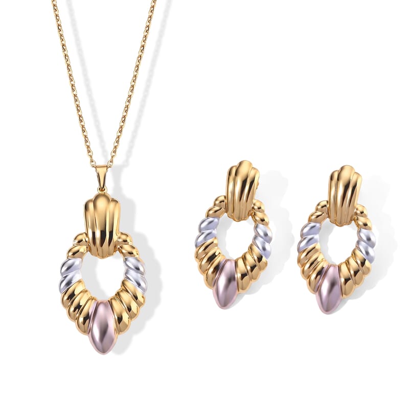Trending Tri-Tone Twisted Teardrop Necklace (20–22 Inches) and Earrings Set in ION Plated YRG Stainless Steel