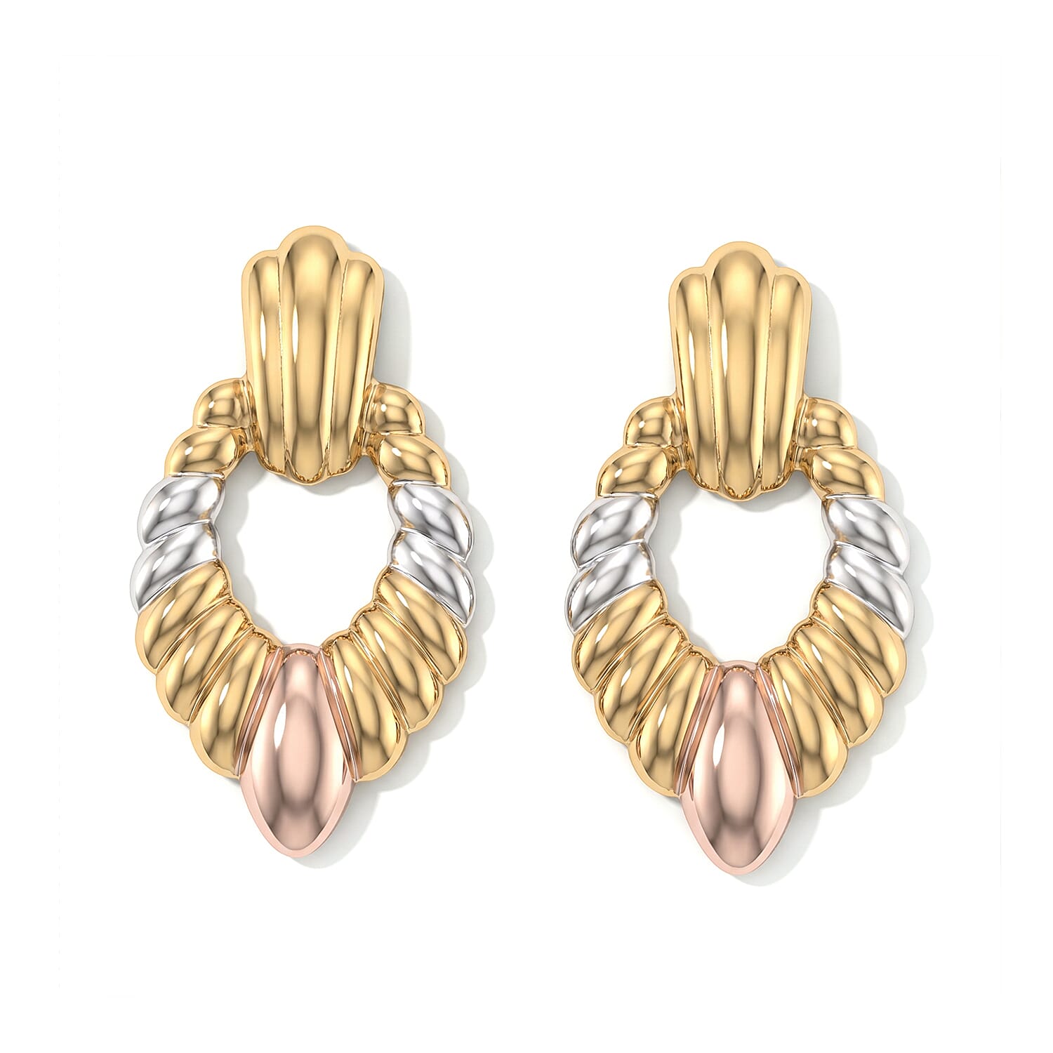 Trending Tri-Tone Twisted Teardrop Necklace (20–22 Inches) and Earrings Set in ION Plated YRG Stainless Steel