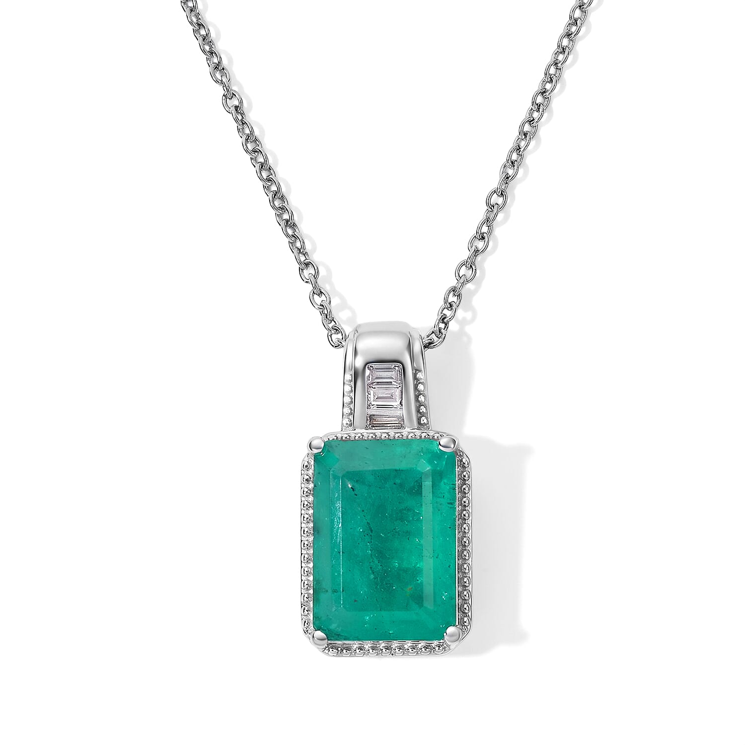 EverTrue Emeraldine Triplet Quartz and Moissanite 9.00 ctw Pendant in Platinum Bond with Stainless Steel Necklace 20 Inches