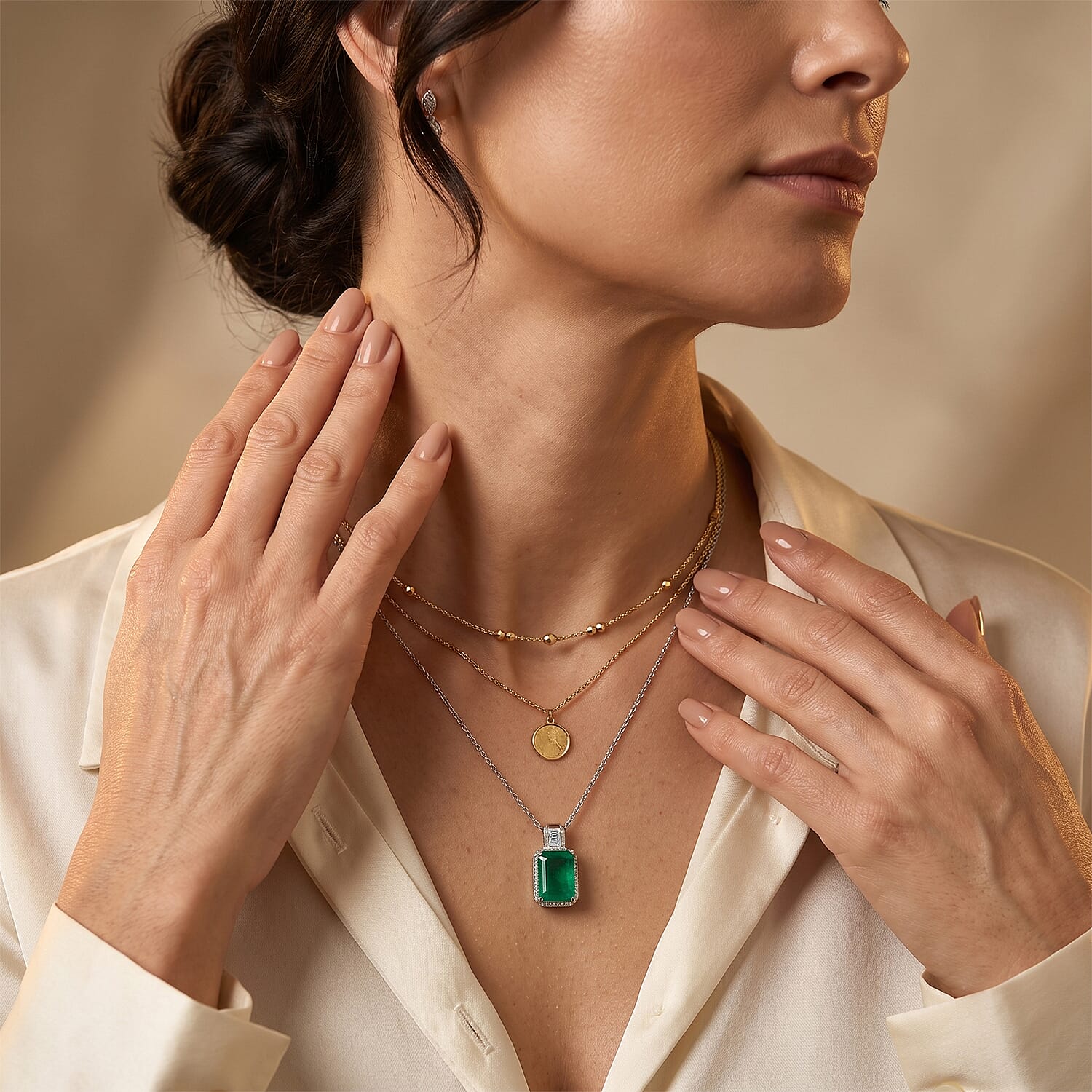 EverTrue Emeraldine Triplet Quartz and Moissanite 9.00 ctw Pendant in Platinum Bond with Stainless Steel Necklace 20 Inches