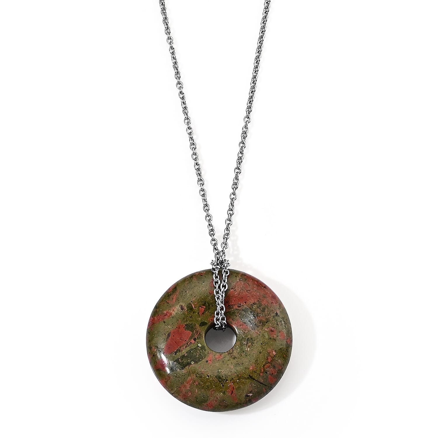 Unakite 55.00 ctw Pendant in Silvertone with Stainless Steel Necklace 26 Inches