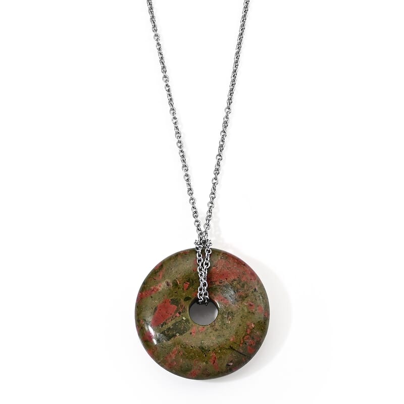 Unakite 55.00 ctw Pendant in Silvertone with Stainless Steel Necklace 26 Inches