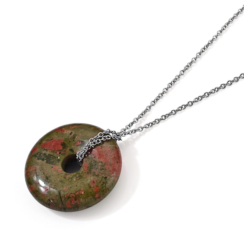 Unakite 55.00 ctw Pendant in Silvertone with Stainless Steel Necklace 26 Inches
