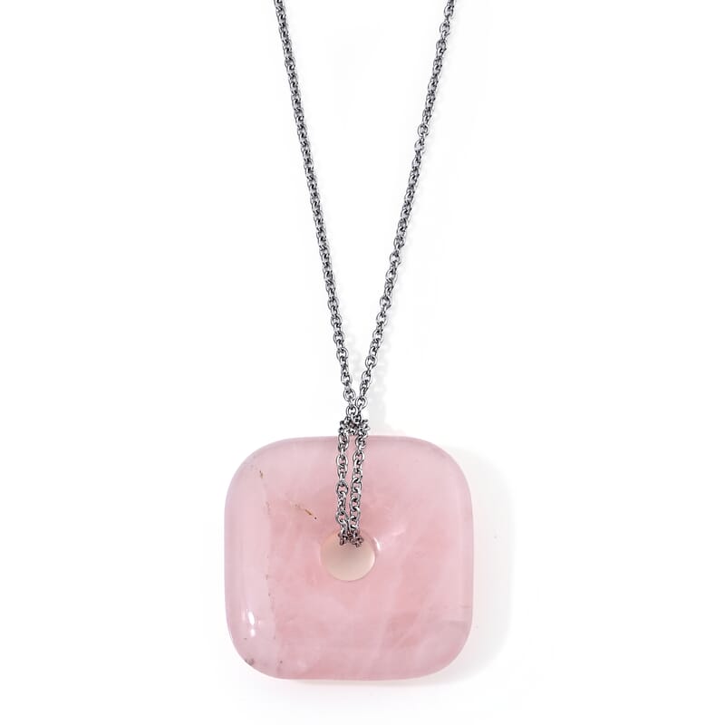 Galilea Rose Quartz 58.00 ctw Pendant in Silvertone with Stainless Steel Necklace 26 Inches