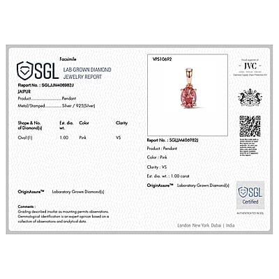 SGL Certified Luxuriant Lab Grown Pink Diamond E-F VS 1.00 ctw Pendant Necklace in 18K Vermeil Rose Gold Over Sterling Silver 18 Inches
