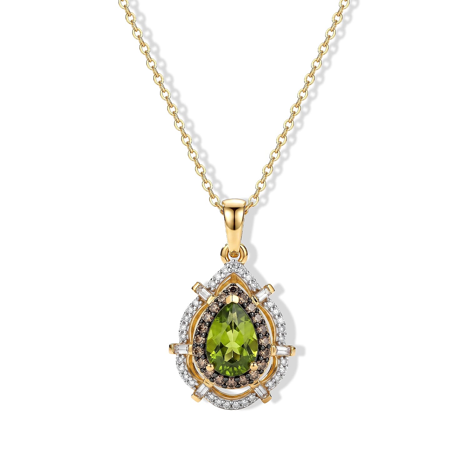 D'Joy Hebei Peridot, White and Champagne Zircon 2.15 ctw Pendant Necklace (20 Inches) in 18K Vermeil Yellow Gold Over Sterling Silver