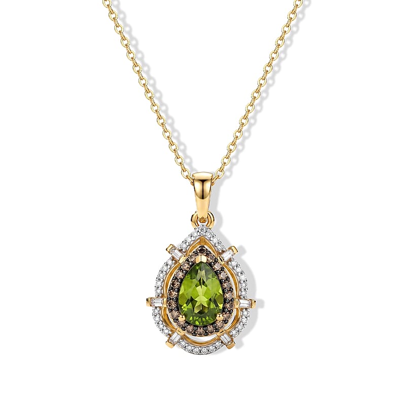 D'Joy Hebei Peridot, White and Champagne Zircon 2.15 ctw Pendant Necklace (20 Inches) in 18K Vermeil Yellow Gold Over Sterling Silver