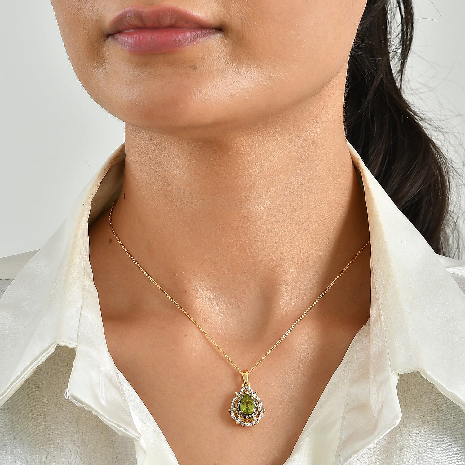 D'Joy Hebei Peridot, White and Champagne Zircon 2.15 ctw Pendant Necklace (20 Inches) in 18K Vermeil Yellow Gold Over Sterling Silver