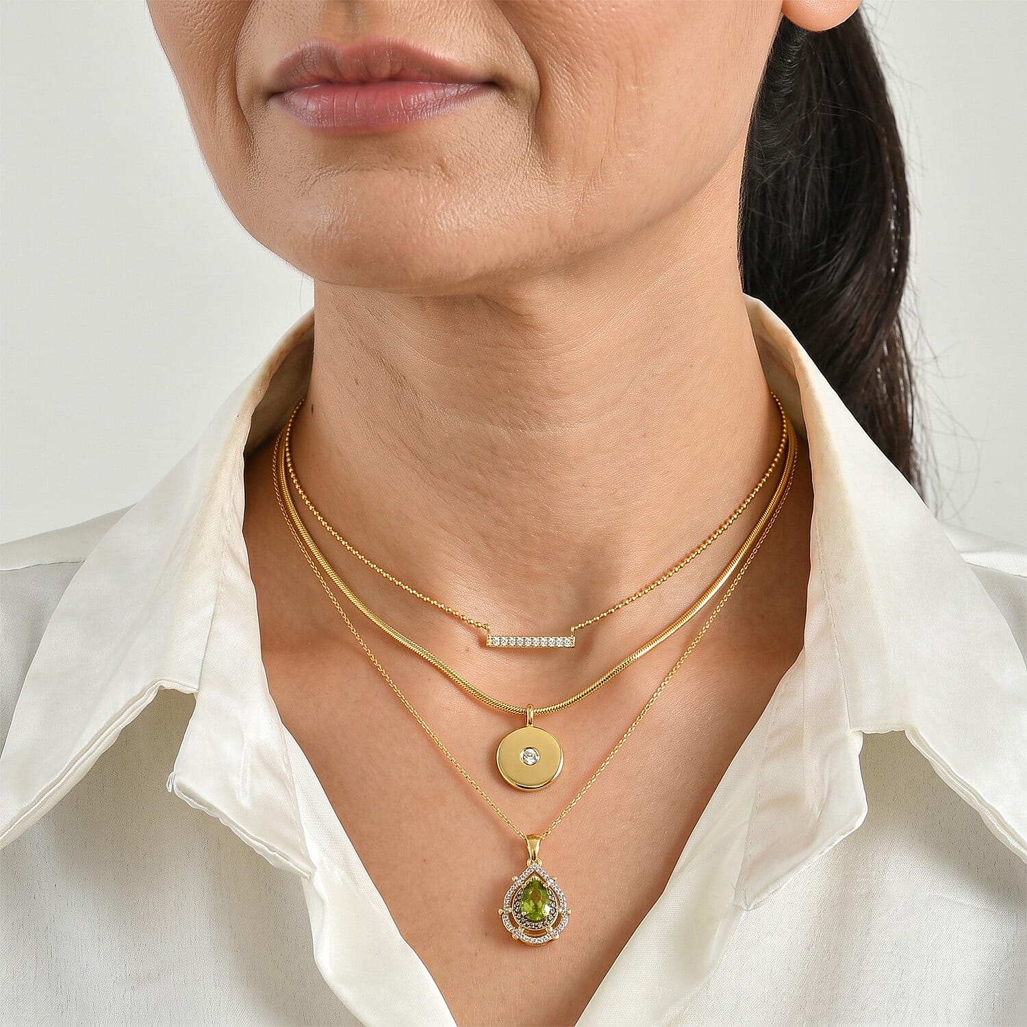 D'Joy Hebei Peridot, White and Champagne Zircon 2.15 ctw Pendant Necklace (20 Inches) in 18K Vermeil Yellow Gold Over Sterling Silver