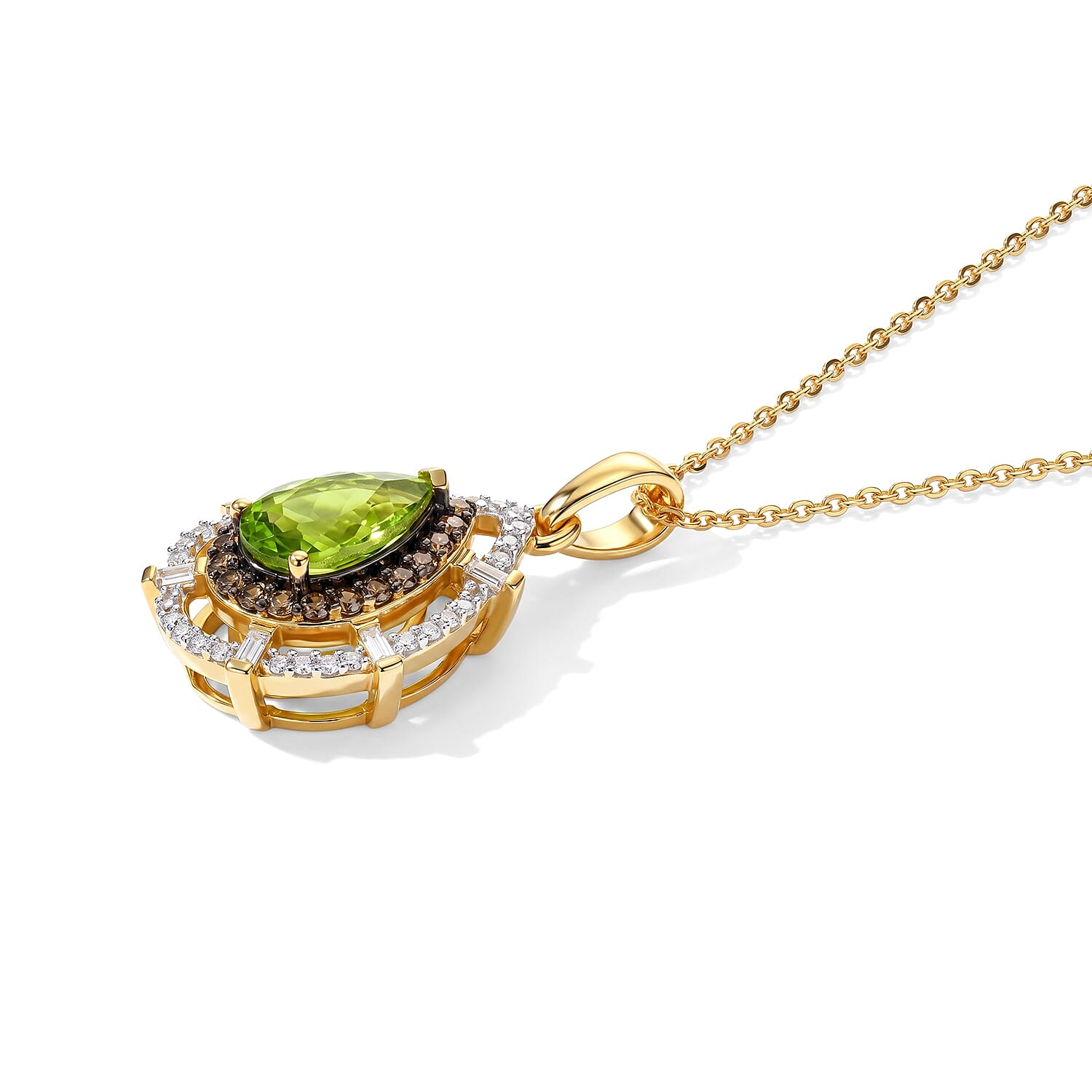 D'Joy Hebei Peridot, White and Champagne Zircon 2.15 ctw Pendant Necklace (20 Inches) in 18K Vermeil Yellow Gold Over Sterling Silver