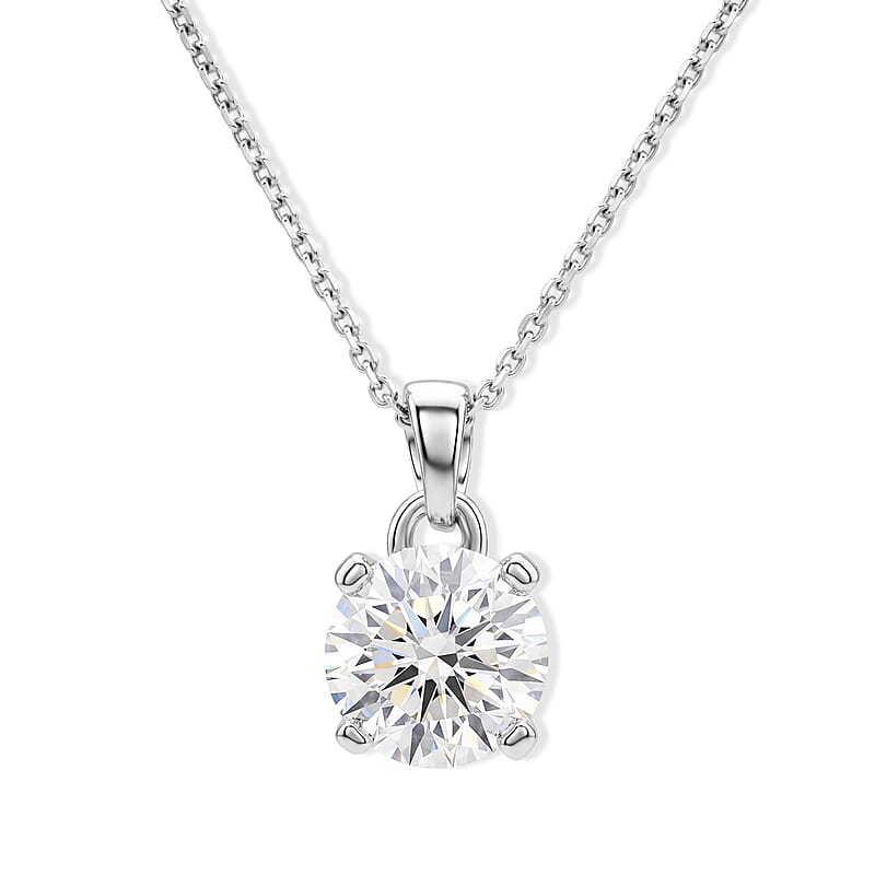 D'Joy Certified Moissanite D VS 2.00 ctw Solitaire Pendant in Rhodium Over Sterling Silver with Stainless Steel Necklace (20 Inches)
