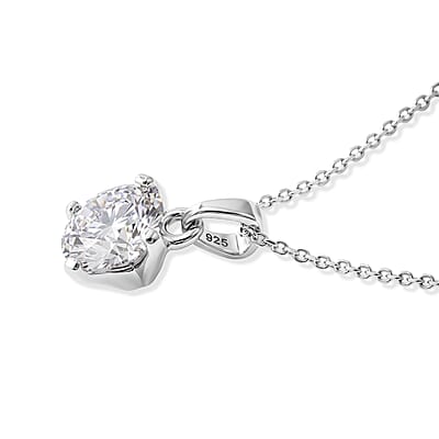 D'Joy Certified Moissanite D VS 2.00 ctw Solitaire Pendant in Rhodium Over Sterling Silver with Stainless Steel Necklace (20 Inches)