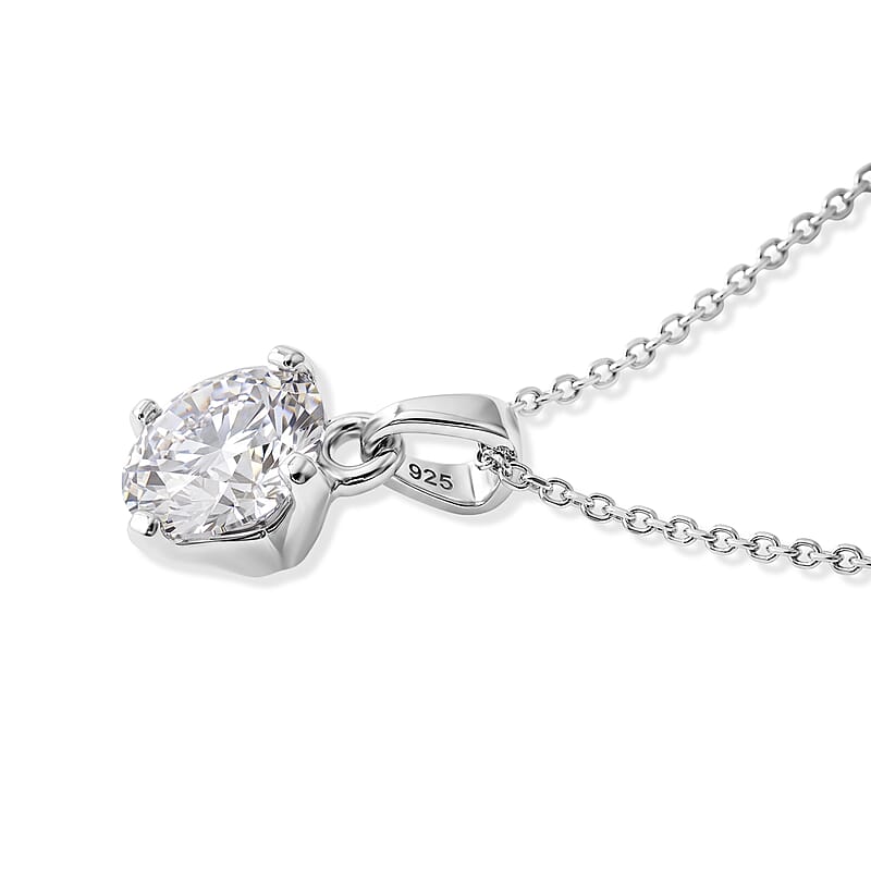 D'Joy Certified Moissanite D VS 2.00 ctw Solitaire Pendant in Rhodium Over Sterling Silver with Stainless Steel Necklace (20 Inches)