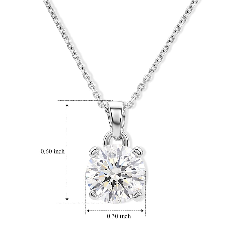 D'Joy Certified Moissanite D VS 2.00 ctw Solitaire Pendant in Rhodium Over Sterling Silver with Stainless Steel Necklace (20 Inches)