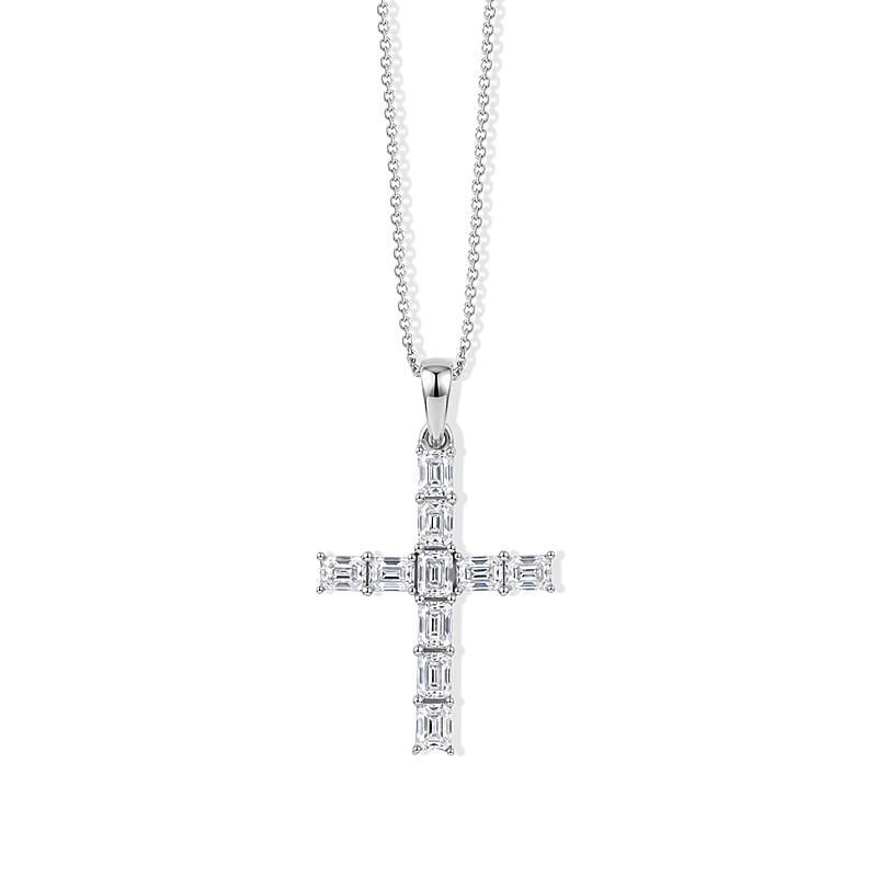 D'Joy Moissanite 2.15 ctw Cross Pendant Necklace (20 Inches) in Rhodium Over Sterling Silver