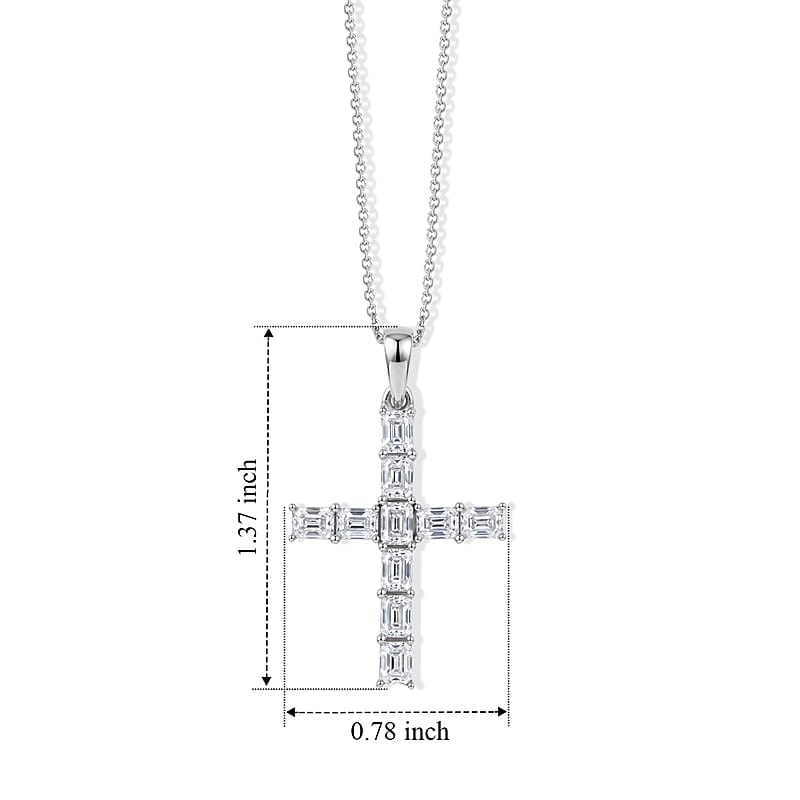 D'Joy Moissanite 2.15 ctw Cross Pendant Necklace (20 Inches) in Rhodium Over Sterling Silver