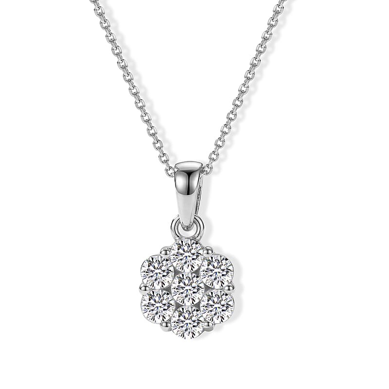 D'Joy Moissanite 1.15 ctw Floral Radiance Pendant in Rhodium Over Sterling Silver with Stainless Steel Necklace (20 Inches)