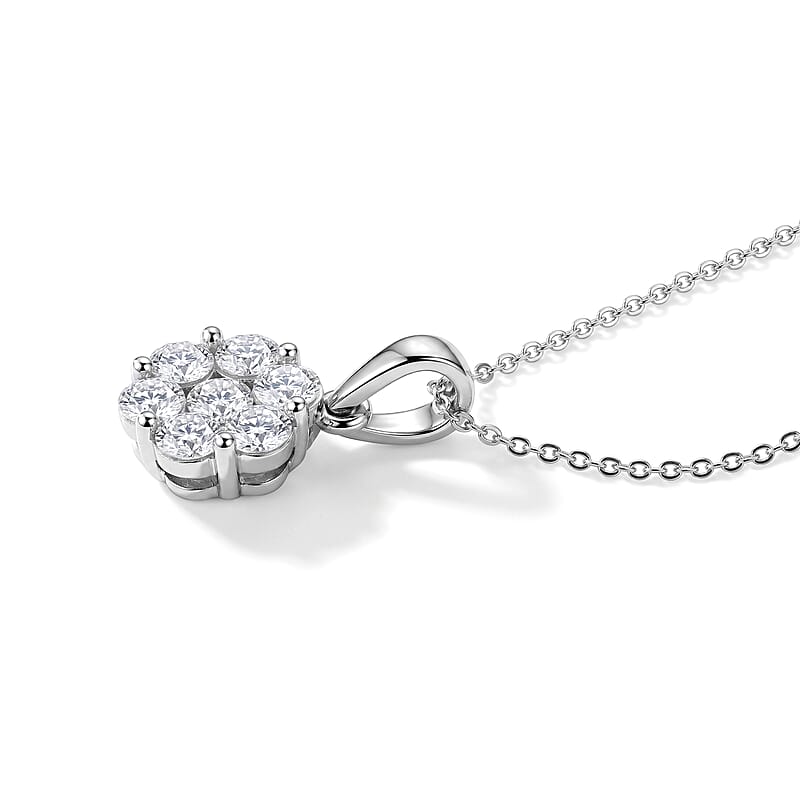 D'Joy Moissanite 1.15 ctw Floral Radiance Pendant in Rhodium Over Sterling Silver with Stainless Steel Necklace (20 Inches)