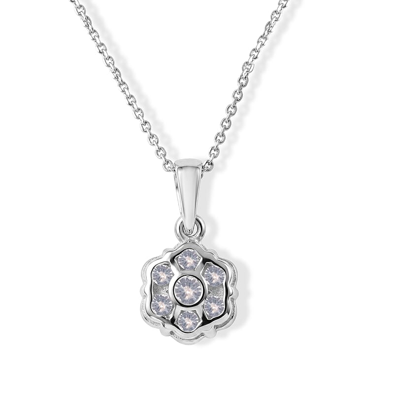 D'Joy Moissanite 1.15 ctw Floral Radiance Pendant in Rhodium Over Sterling Silver with Stainless Steel Necklace (20 Inches)