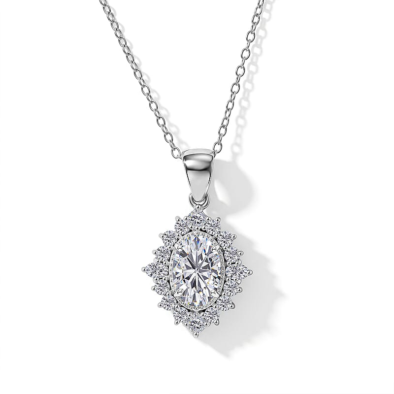 D'Joy Moissanite 2.20 ctw Sunburst Pendant Necklace in Rhodium Over Sterling Silver (18 Inches)