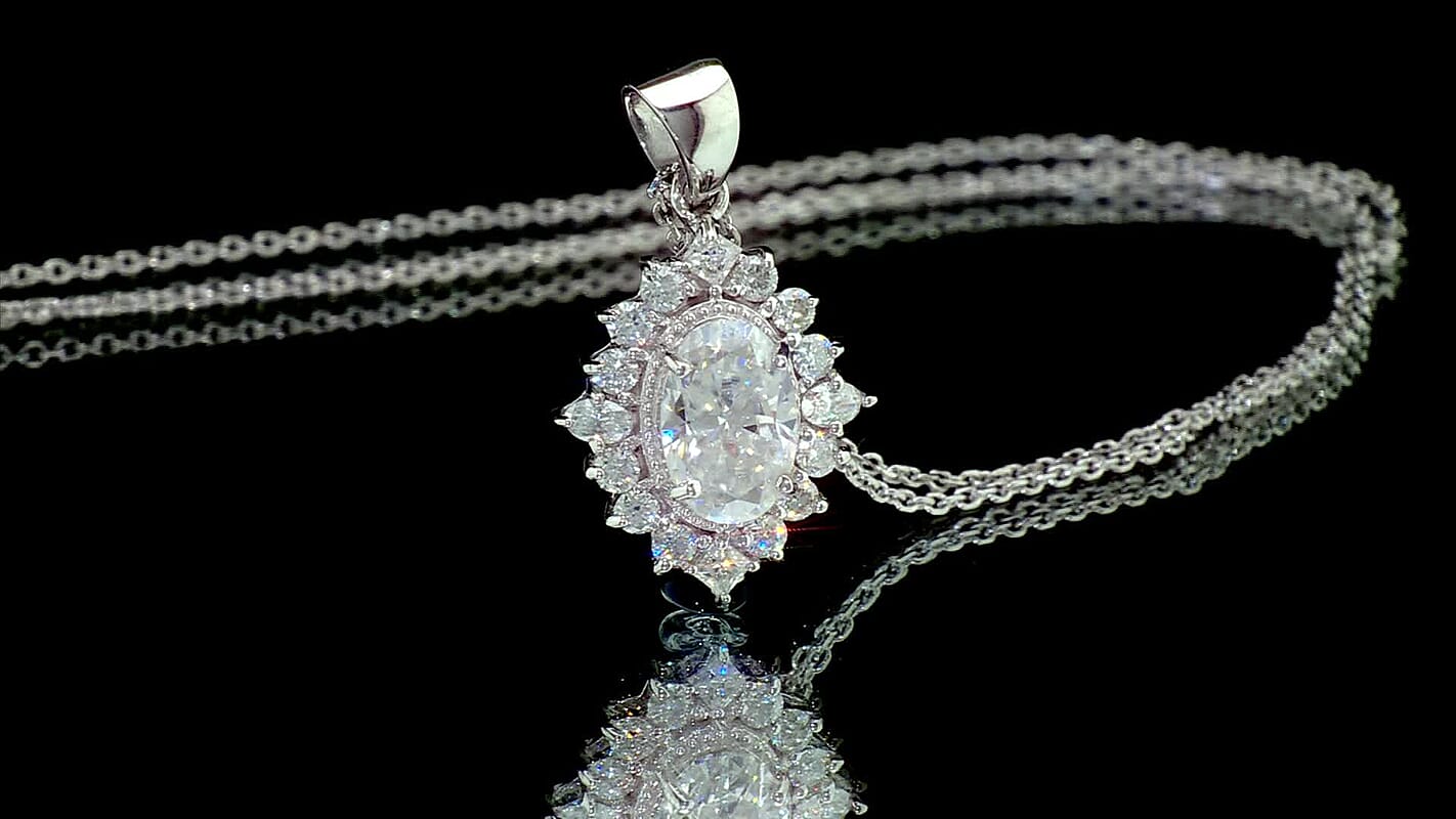 D'Joy Moissanite (Ovl 9x6mm) Sunburst Pendant Necklace (18 Inches) in Rhodium Over Sterling Silver 2.20 ctw