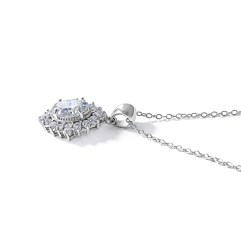D'Joy Moissanite 2.20 ctw Sunburst Pendant Necklace in Rhodium Over Sterling Silver (18 Inches)