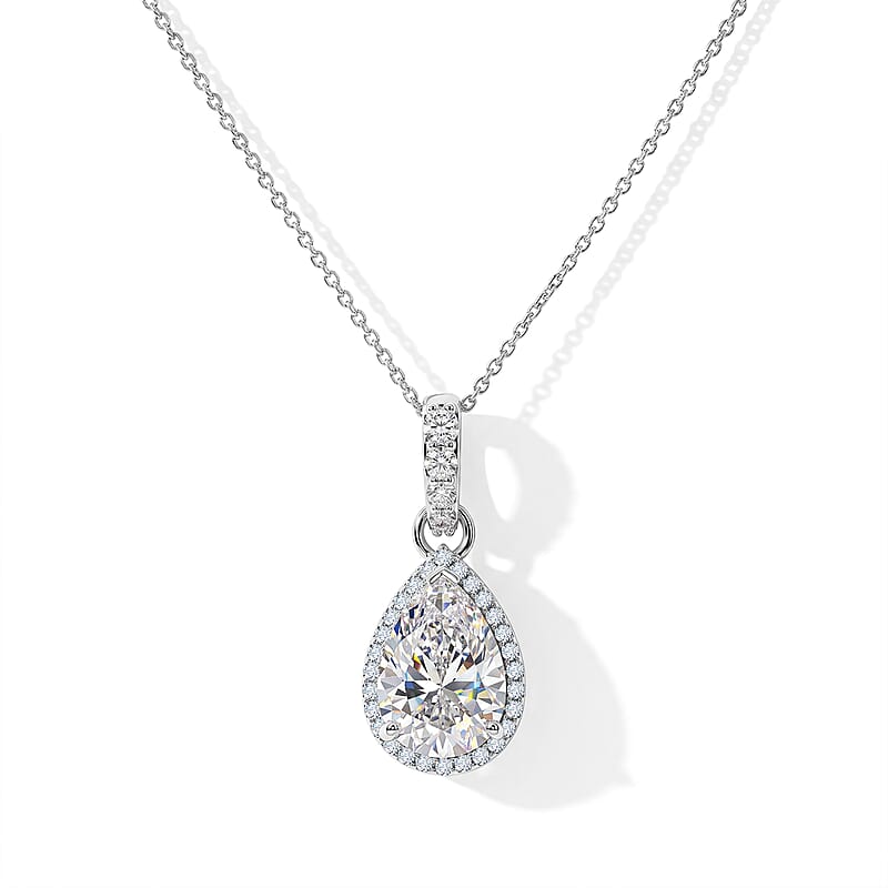 D'Joy Moissanite 4.90 ctw Halo Pendant Necklace in Rhodium Over Sterling Silver (18 Inches)