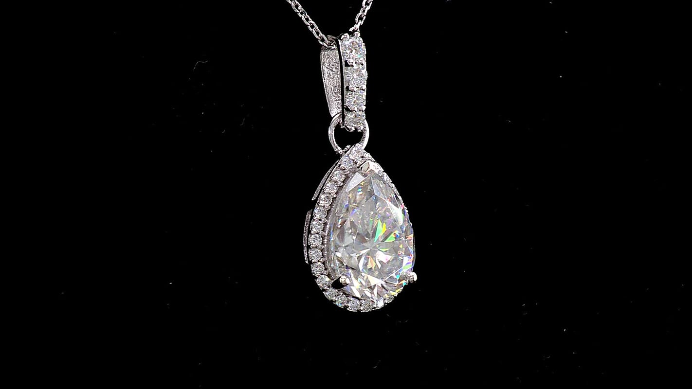 D'Joy Moissanite (Pear 15x9mm) Halo Pendant Necklace (18 Inches) in Rhodium Over Sterling Silver 4.90 ctw