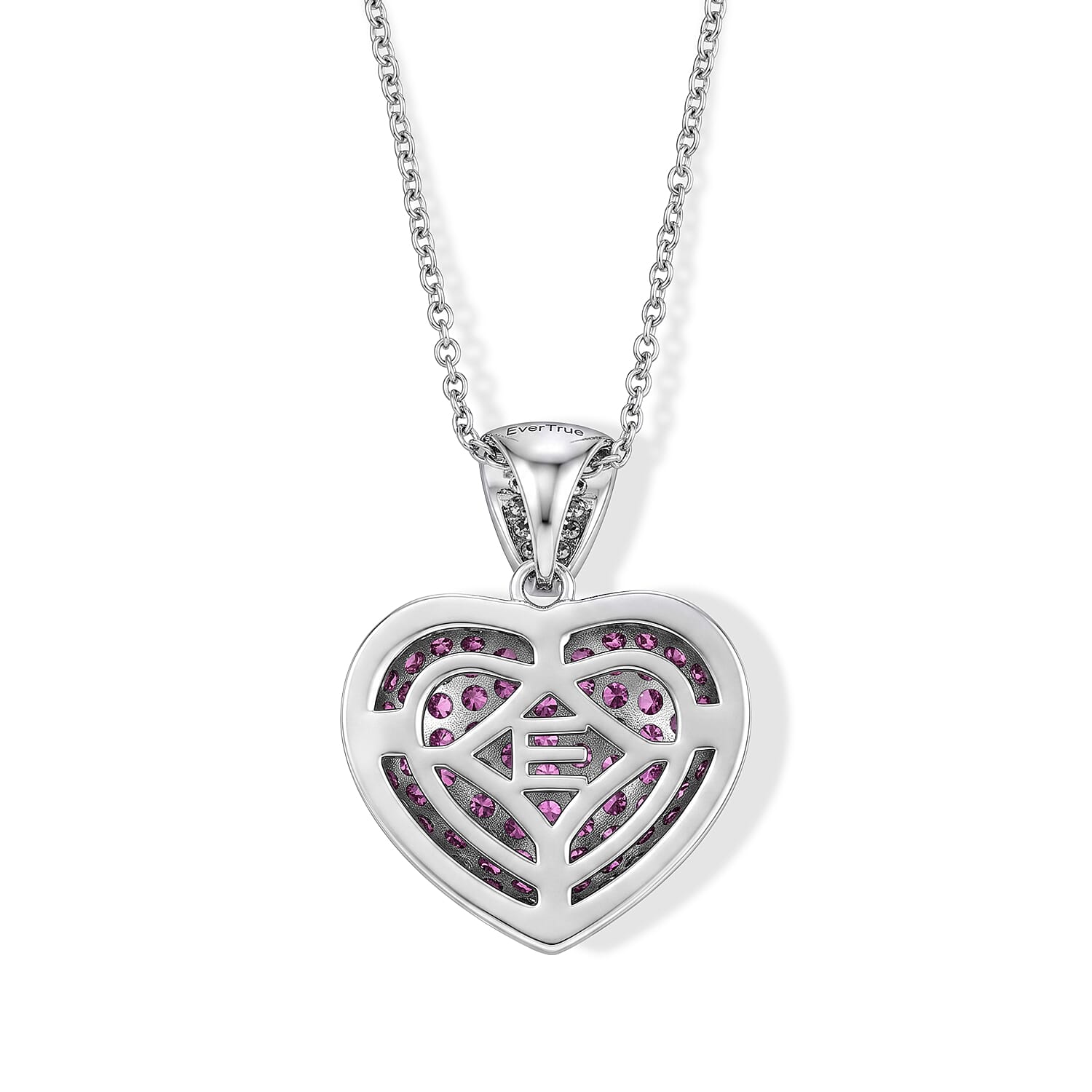 EverTrue Simulated Ruby and White Diamond Heart Pendant in Platinum Bond with Stainless Steel Necklace 20 Inches