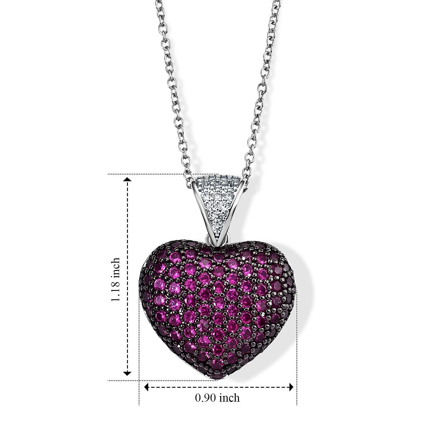 EverTrue Simulated Ruby and White Diamond Heart Pendant in Platinum Bond with Stainless Steel Necklace 20 Inches