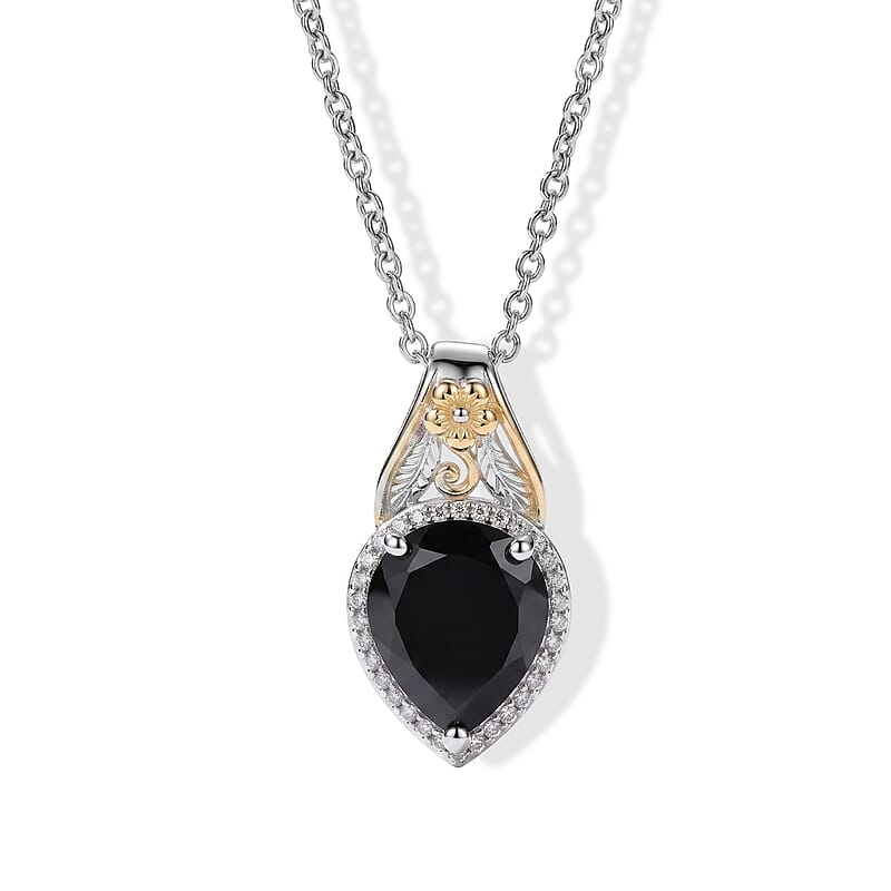 EverTrue Thai Black Spinel and White Zircon 5.50 ctw Pendant in 18K YG Plated and Platinum Bond with Stainless Steel Necklace 20 Inches