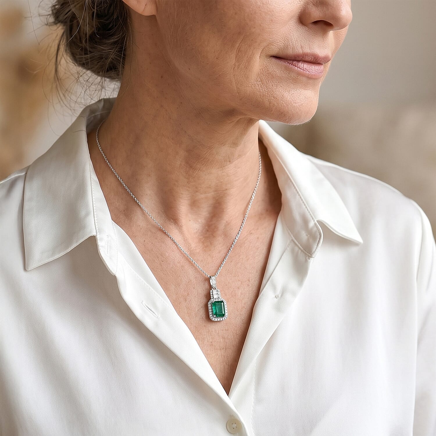 D'Joy Premium Kagem Zambian Emerald and Moissanite 1.80 ctw Pendant Necklace in Rhodium Over Sterling Silver (20 Inches)