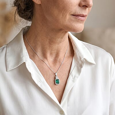 D'Joy Premium Kagem Zambian Emerald and Moissanite 1.80 ctw Pendant Necklace in Rhodium Over Sterling Silver (20 Inches)