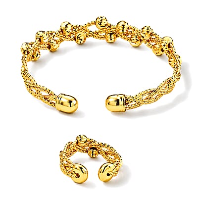 Beaded Bangle Bracelet (7-7.5In) and Ring (Size 6-9) in Goldtone