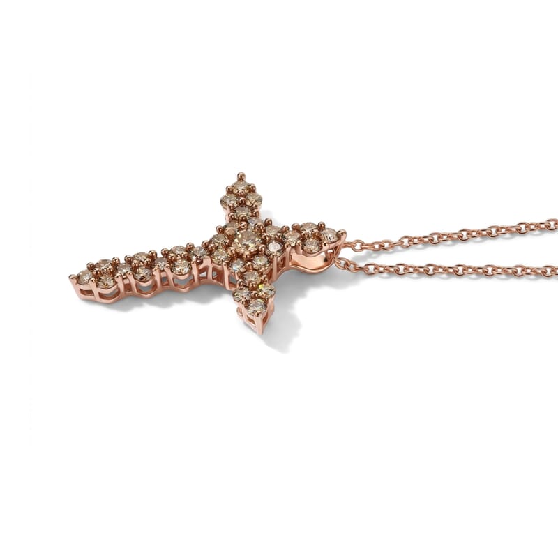 Doorbuster Luxuriant Lab Grown Champagne Diamond (IR) (SI) 1.00 ctw Cross Pendant Necklace (20 Inches) in 18K Vermeil Rose Gold Over Sterling Silver