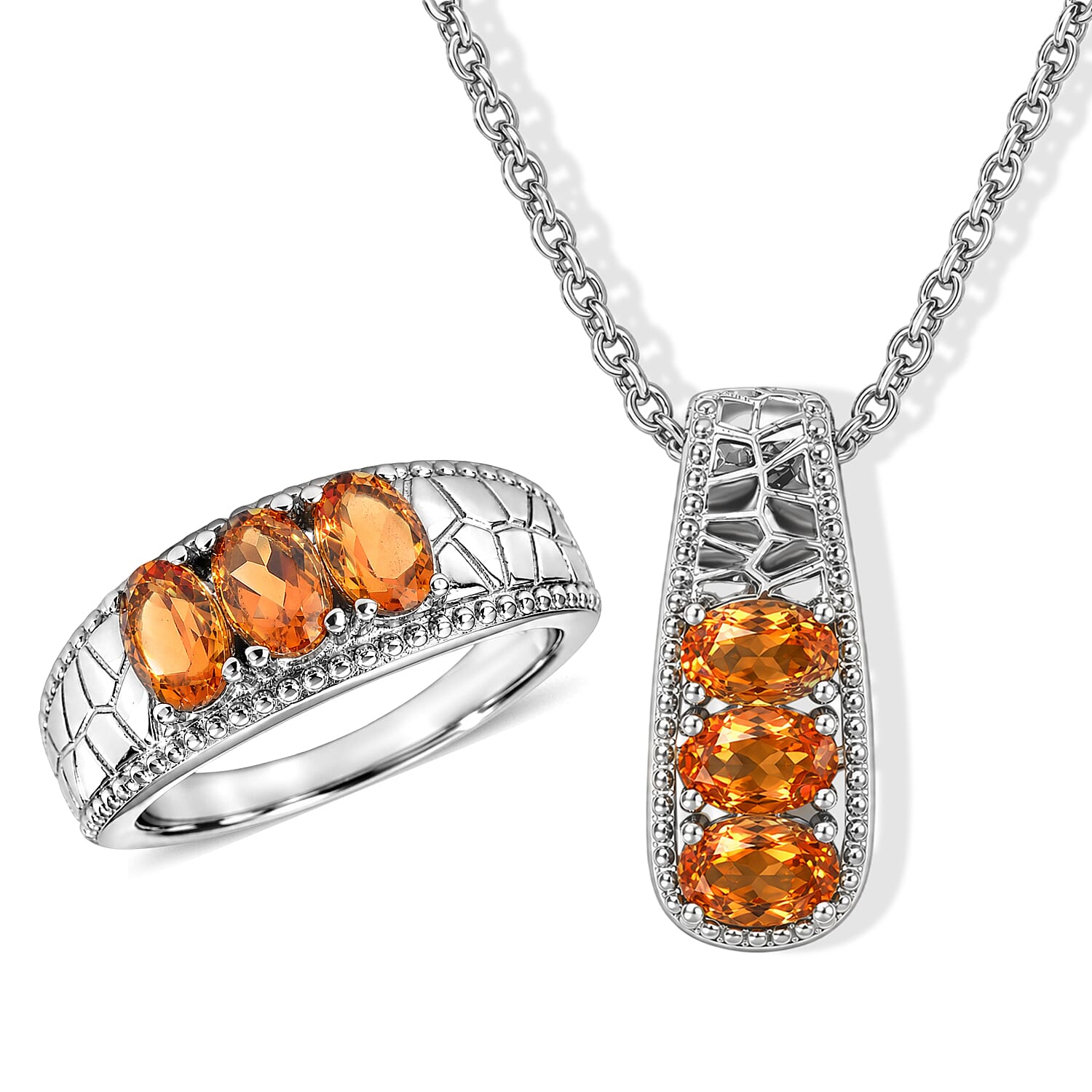 EverTrue Santa Ana Madeira Citrine 2.65 ctw 3 Stone Ring (Size 6) and Pendant Necklace 20 Inches in Stainless Steel