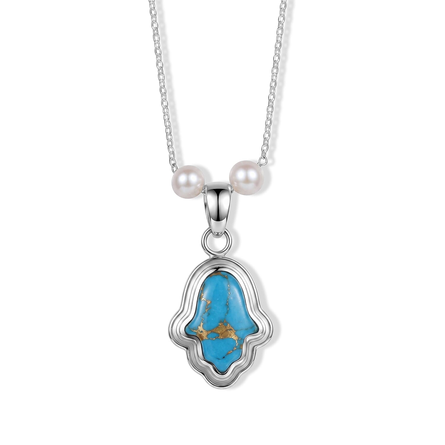 D'Joy Passport to Israel Mojave Blue Turquoise 4.65 ctw and Freshwater Pearl Pendant Necklace in Rhodium Over Sterling Silver 18