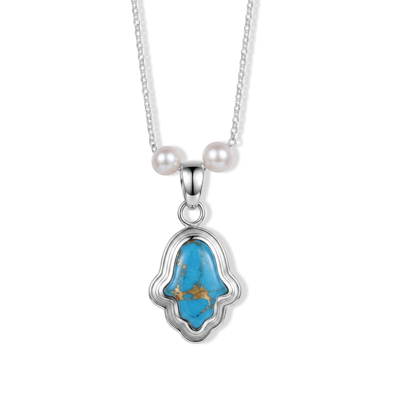 D'Joy Passport to Israel Mojave Blue Turquoise 4.65 ctw and Freshwater Pearl Pendant Necklace in Rhodium Over Sterling Silver 18 Inches