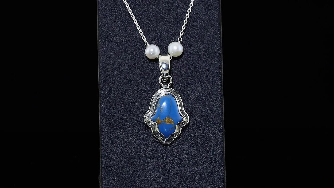 D''Joy Passport to Israel Mojave Blue Turquoise, Freshwater Pearl Pendant Necklace (18 Inches) in Rhodium Over Sterling Silver 4.65 ctw