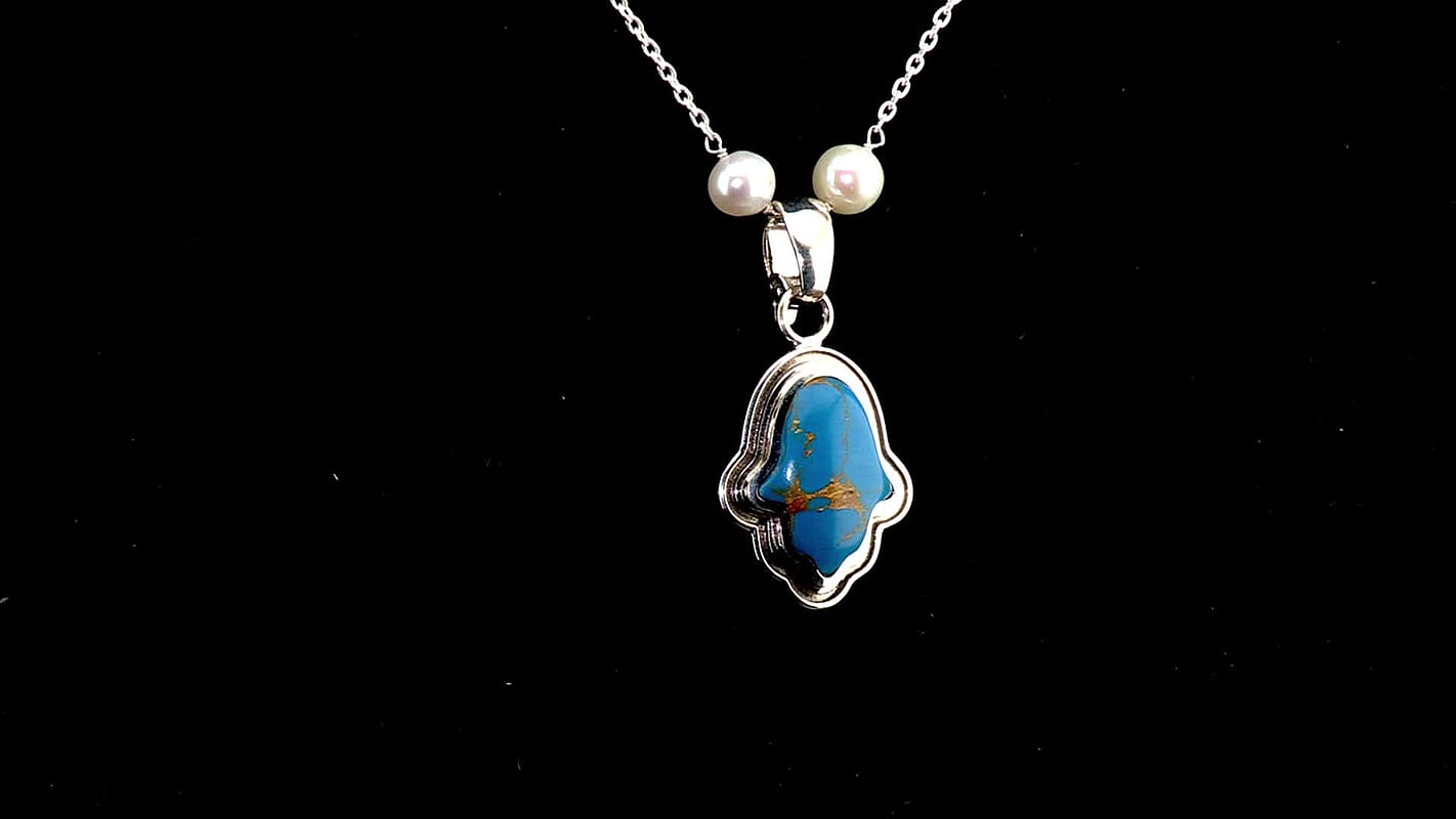 D''Joy Passport to Israel Mojave Blue Turquoise, Freshwater Pearl Pendant Necklace (18 Inches) in Rhodium Over Sterling Silver 4.65 ctw