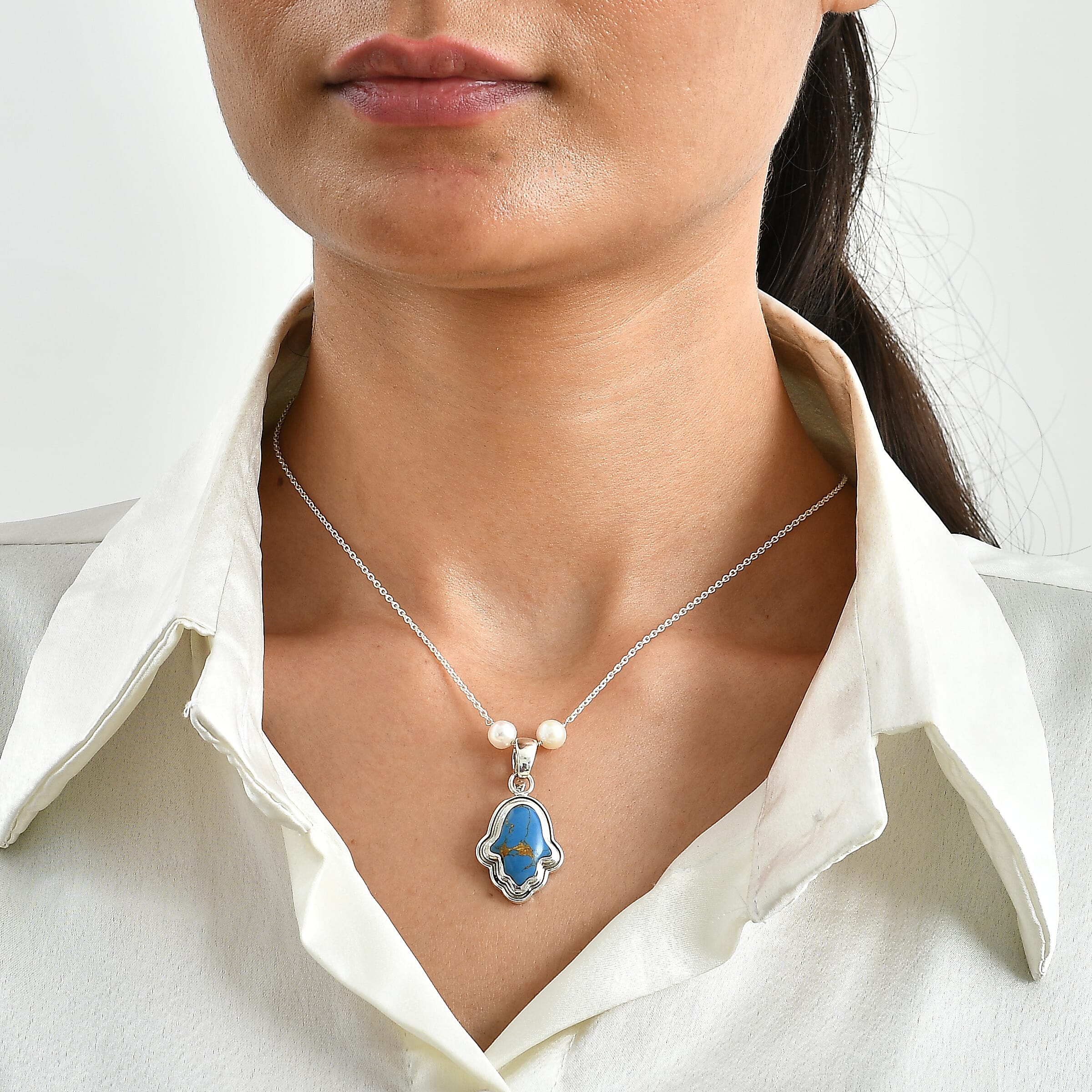 D'Joy Passport to Israel Mojave Blue Turquoise 4.65 ctw and Freshwater Pearl Pendant Necklace in Rhodium Over Sterling Silver 18 Inches